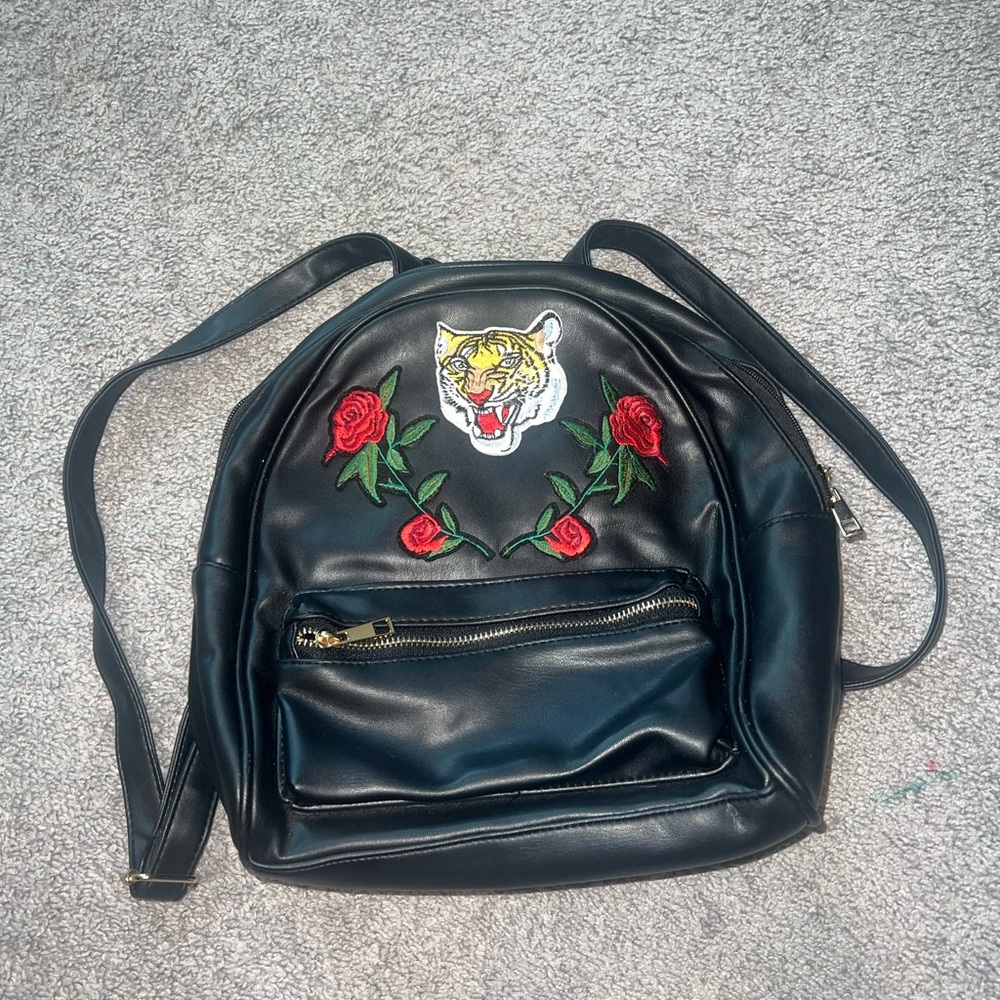 Black Backpack with Tiger and Rose Embroidery